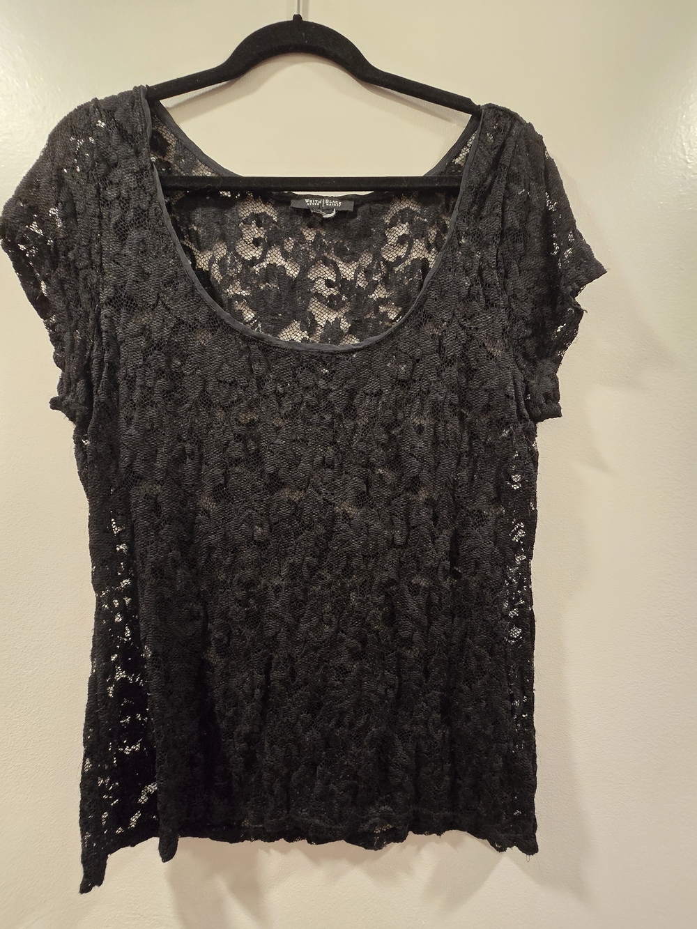 White House Black Market Black Floral Lace Short Sleeve Scoop Top